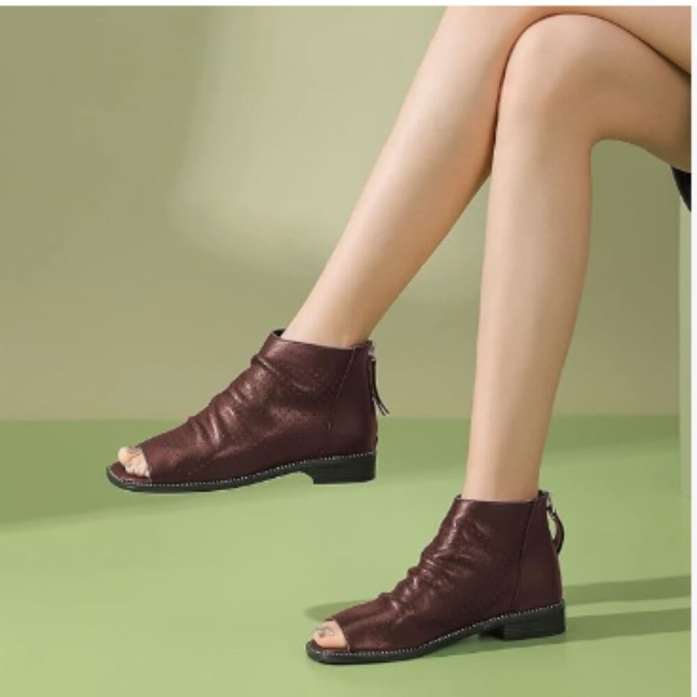 FSJ Saddlebrown Women's Open Toe Slouchy Low Block Heel Ankle Boots